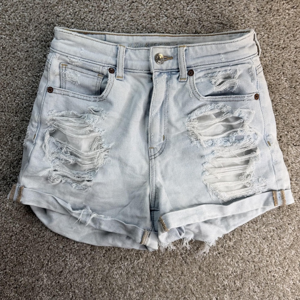 American Eagle Denim Mom Shorts Womens 2 Light Blue Distressed Ripped Frayed Hem